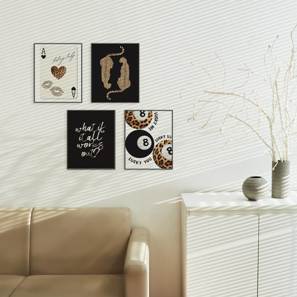 ETVISO Black Trendy Retro Y2K Cheetah Lucky 8 Ball Wall Art Prints Set of 4, Black Room Decor Aesthetic, What If It All Works Out Positive Affirmations Wall Decor for Girls Dorm Bedroom,8x10(Unframed)