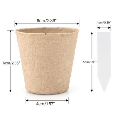 KINGLAKE Biodegradable Small Plant Pots Fibre Seedling Pots, 6cm 100Pcs Compostable Flower Seed Pots for Planting Vegetables, Fruits, Herbs with 100 Plant Labels