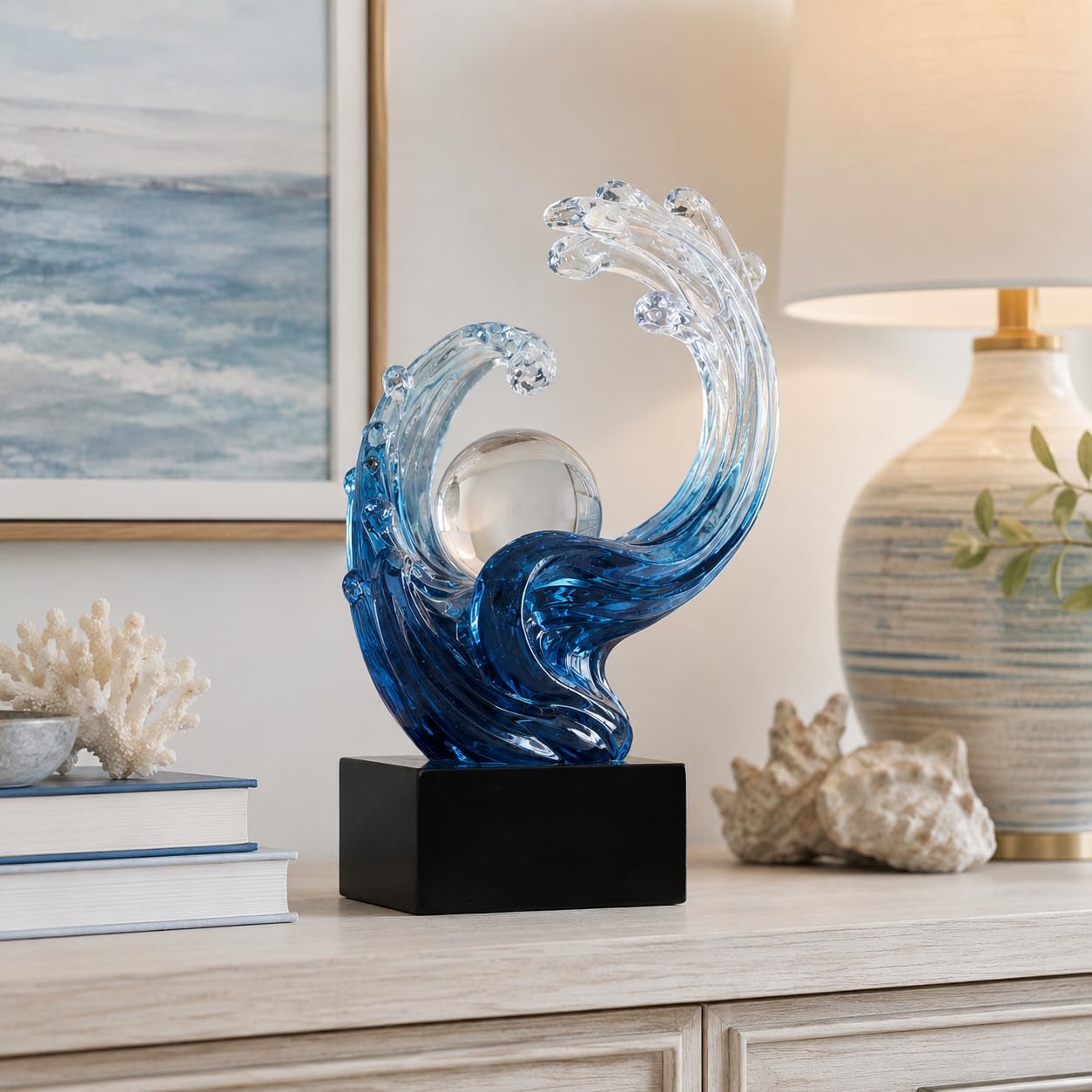 XYQXYQ Modern Abstract Decorative Wave Statue, Gold Abstract Art Home Decor,Crystal Ball Art Wave Resin Sculpture, Office Desk Stand, Dining Table Center Decorative Aesthetics (Blue)