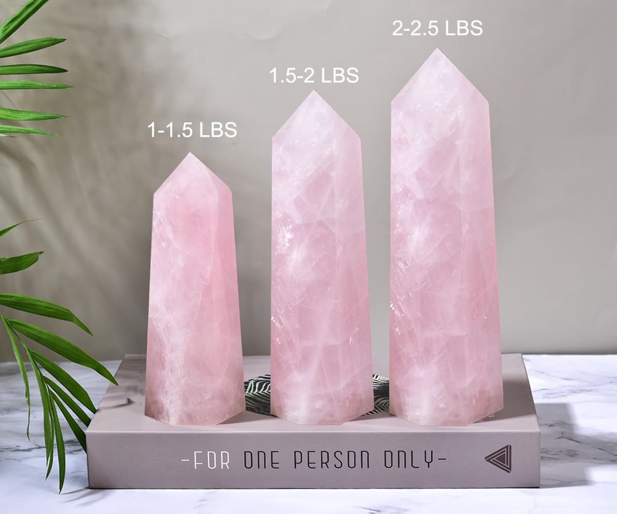 MOGEMT Natural Rose Quartz Obelisk Tower Large Healing Crystal Wand Point 6 Faceted Reiki Chakra Meditation Therapy 1-1.5 LBS