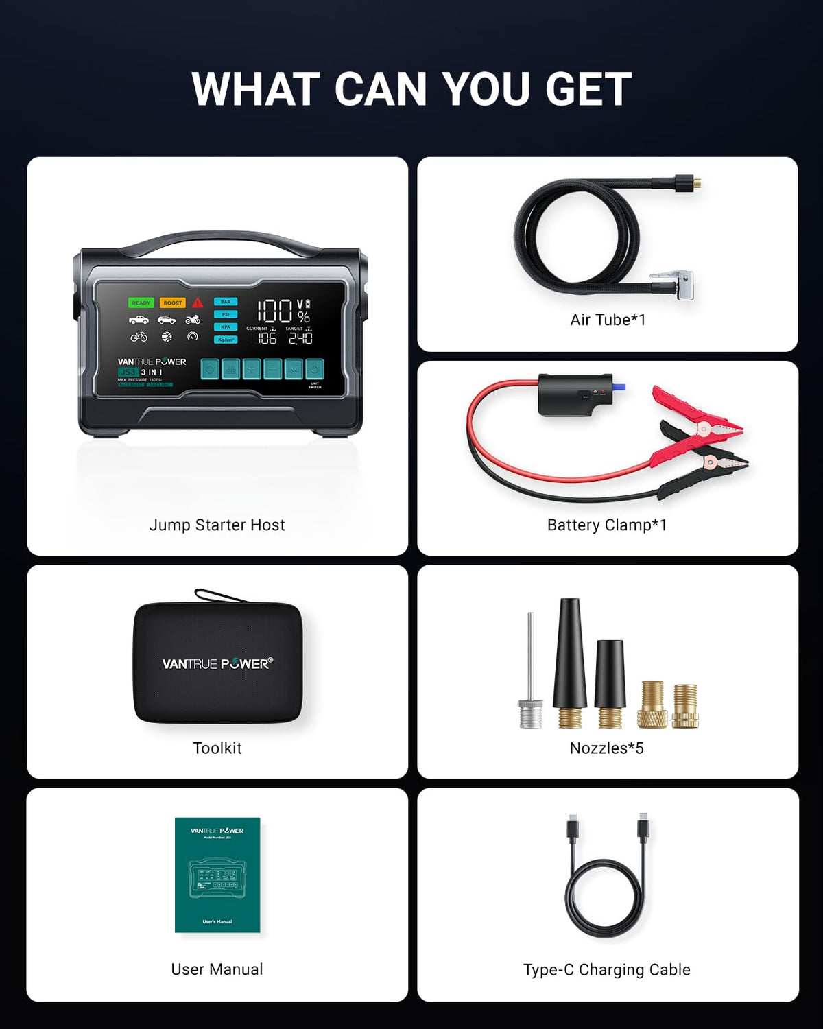 VANTRUE POWER JS3 Real 3250A Jump Starter with Air Compressor 160PSI, 12V Car Battery Booster with Display, Jump Box with Light, Support 65W Fast Charging Power Bank, 8.0L Gas/3.8L Diesel Engines