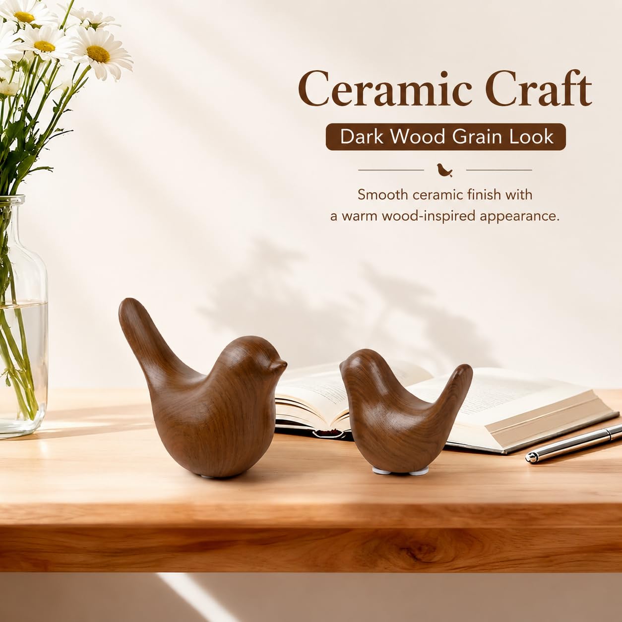 WhimWove 2 Pcs Ceramic Bird Figurines with Dark Wood Grain Look, Small Bird Statues for Home Decor, Modern Animal Sculptures, Shelf Decor, Bookshelf Decor, Tabletop Decorations for Living Room Office