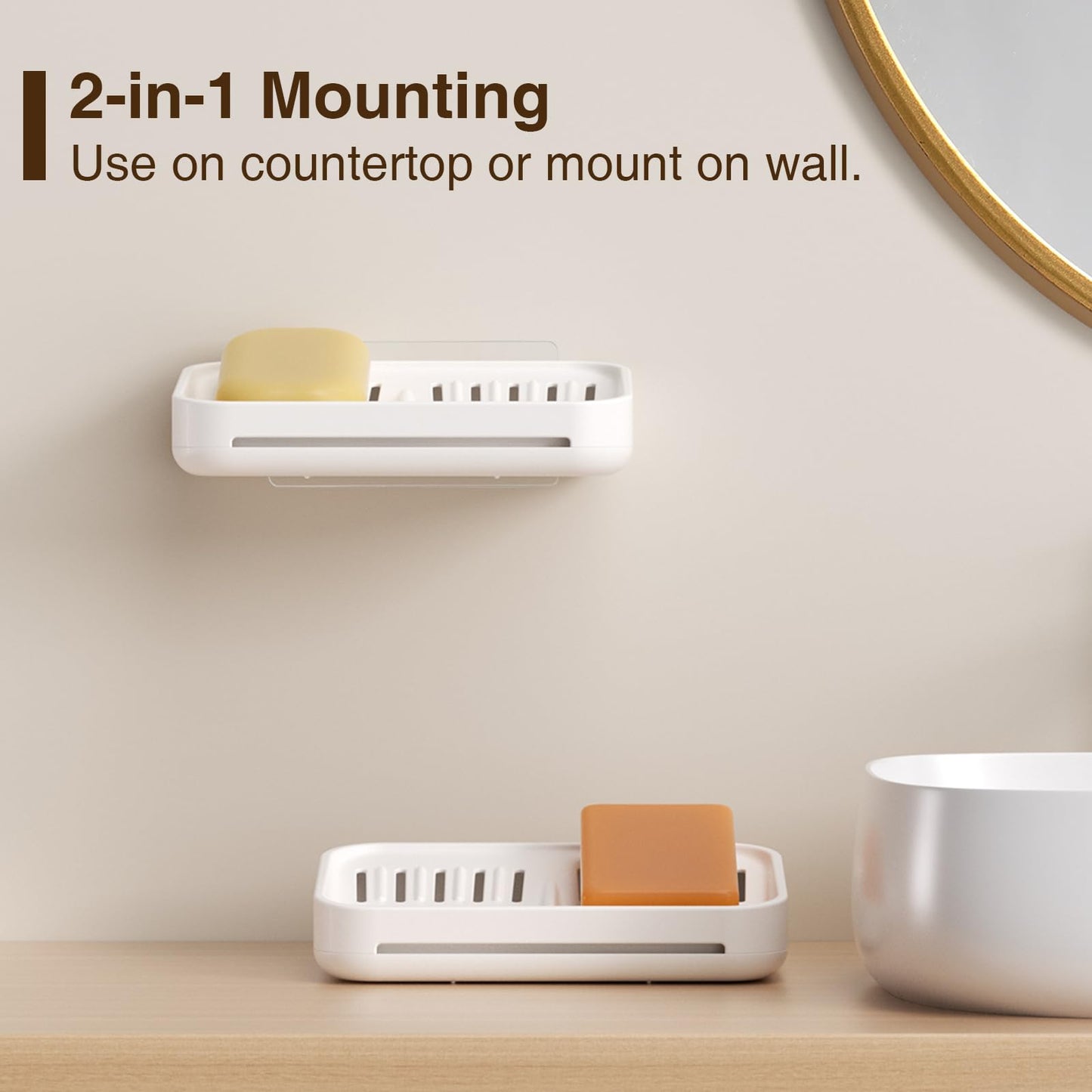 HAVICATO Soap Dish with Raised Ridges for Self-Draining, Wall-Mount or Countertop, ABS Plastic, White