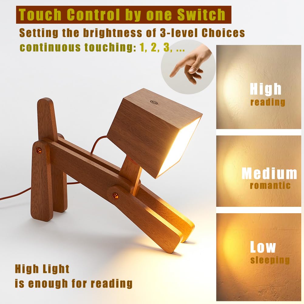 HROOME Novelty Cool Dog Lamp for Kids Room Bedroom Bedside - 3 Levels Dimmable Touch Control Wood Table Lamp Warm White Desk Light Gifts for Living Space Office Farmhouse Dorm (Mini-Sapele Color)