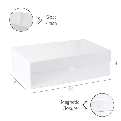 Purple Q Crafts White Hard Gift Box With Magnetic Closure Lid 14" x 9" x 4" Rectangle Favor Boxes With White Glossy Finish (5 Boxes)