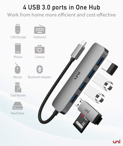 uni USB C Hub, USB Type C to 4-Port USB 3.0 Adapter, [5Gbps, Aluminium, Nylon] Ultra Slim USB Hub USB C to USB, Thunderbolt 3 Data Hub for MacBook Pro/Air iPad Pro XPS Chromebook iPhone15 Pro Galaxy