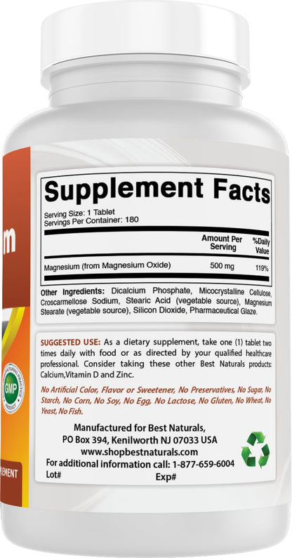 Best Naturals Magnesium Oxide 500 mg 180 Tablets