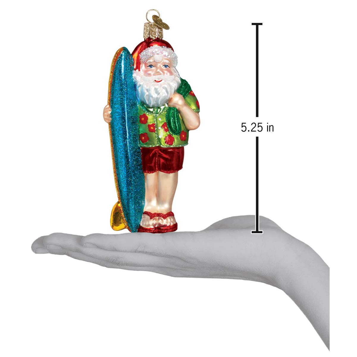 Old World Christmas Surfer Santa Glass Blown Ornament for Christmas Tree, Handcrafted Holiday Decoration, Santa Collection