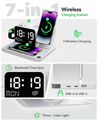 Acer 7-in-1 Wireless Charging Station with LED Clock - 30W Fast Wireless Charger for iPhone 16/15/14/13/12/Pro Max, Apple Watch, AirPods - Bluetooth Auto Time Sync & Night Lights (White)