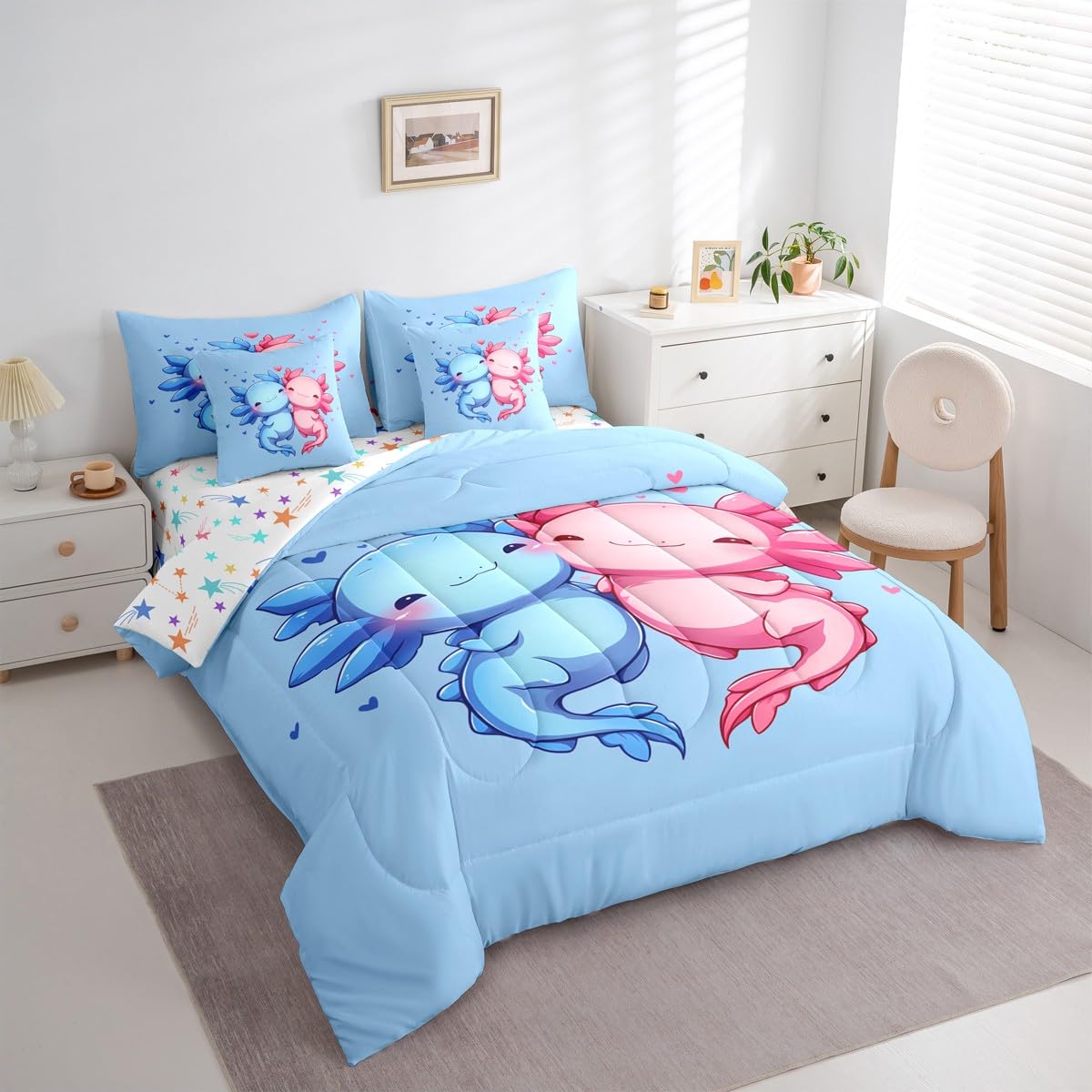 Cartoon Axolotls Queen Comforter Set Pink Blue Cute Axolotls Bed in a Bag with Flat and Fitted Sheet for Girls Boys Kids Coastal Ocean Animal 7-Piece Bedding Set Cartoon Love Heart Quilt Duvet Sets