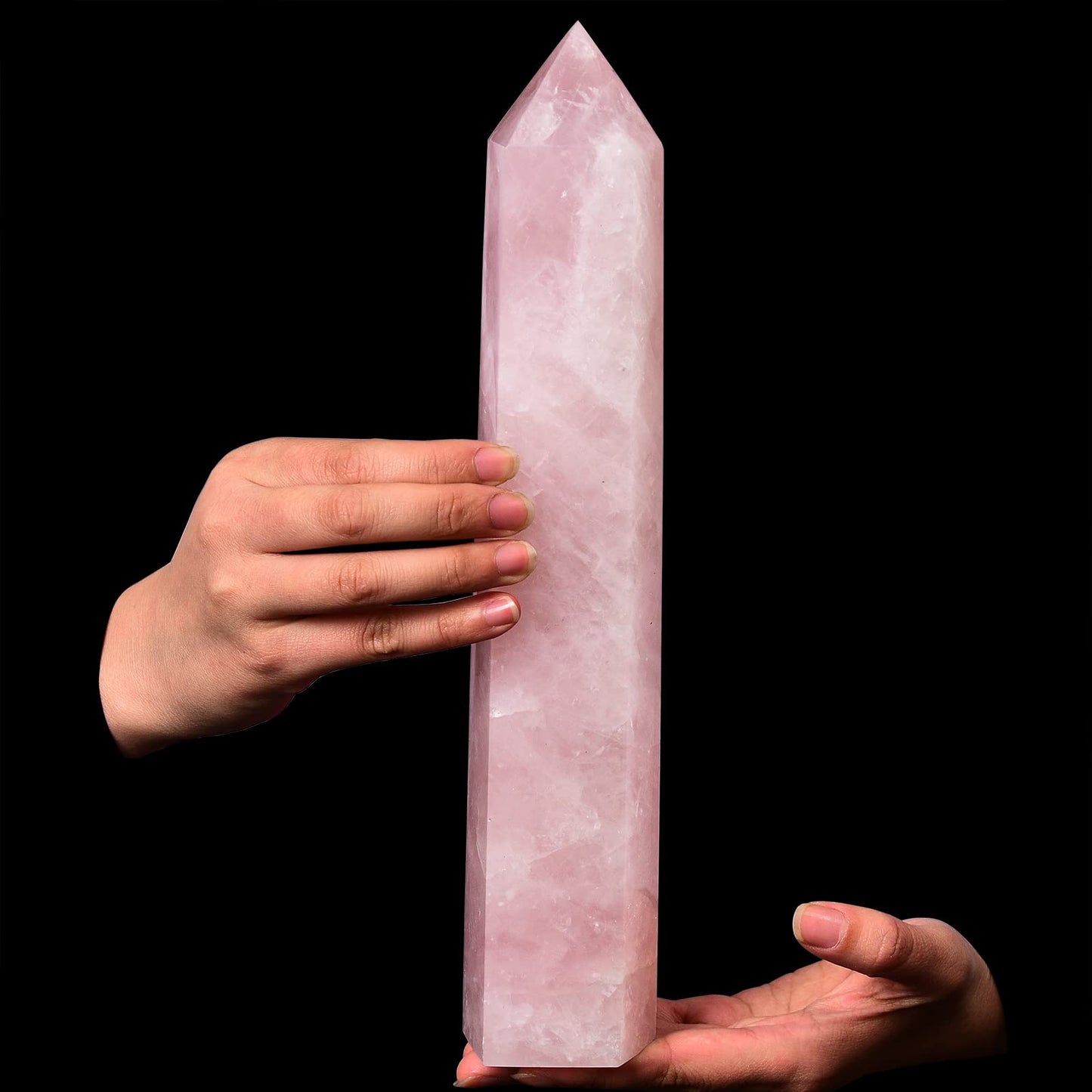 AMOYSTONE Large Healing Crystal Obelisk Tower Rose Quartz Point Wand Crystal Decor Reiki Gifts for Bignners 3.0-3.5 LBS