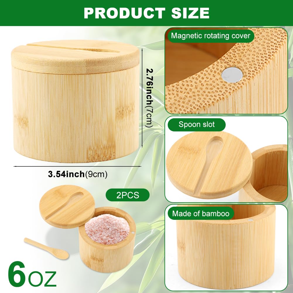 Jeyntanc 2Pcs Bamboo Salt Cellar with Magnetic Swivel Lid & Spoon, 6 oz Spice Bowl Bamboo Storage Box Salt Container to Storage Pepper, Table Salt, Gourmet Salts, Spice, Sugar(SIZE:6 oz)