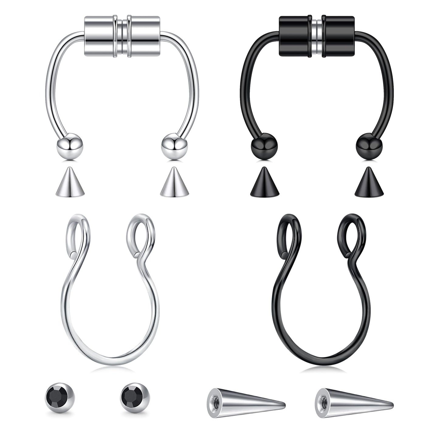 Longita Fake Septum Ring Non Piercing Fake Septum Piercing Faux Nose Jewelry Clip on Temporary no Pierced Horseshoe Silver Black for Halloween