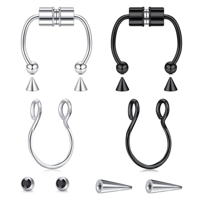 Longita Fake Septum Ring Non Piercing Fake Septum Piercing Faux Nose Jewelry Clip on Temporary no Pierced Horseshoe Silver Black for Halloween