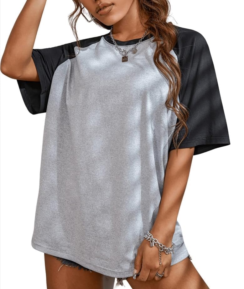 Remidoo Womens Short Sleeve Oversized T Shirt Color Block Crew Neck Casual Tee Tops Grey Large