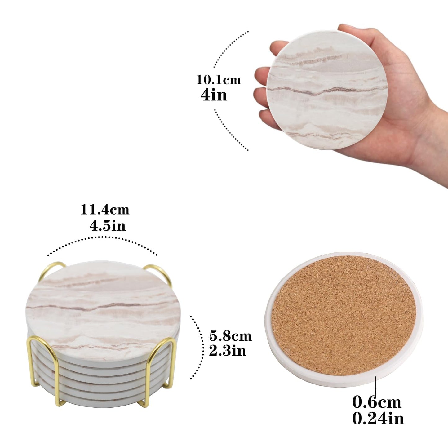 6Pcs Drink Coasters with Holder, Round Marble Style Ceramic Drink Coaster, Absorbent Coaster Set for Home Decor Tabletop Protection, Suitable for Kinds of Cups, Housewarming Gift, 4 Inches