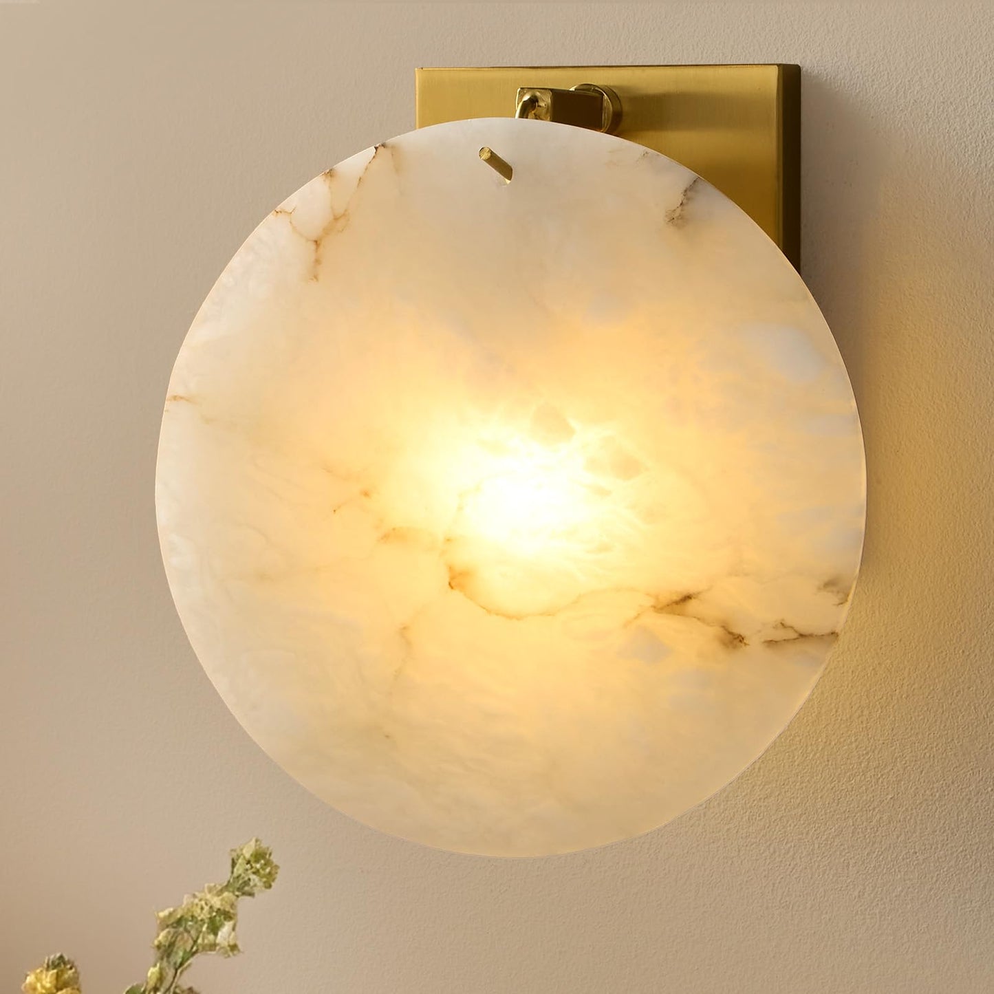 DLITISH Natural Alabaster Wall Sconce, 8.7 inch Round White Marble Wall Lamp with Gold Metal Base, Modern Alabaster Wall Light Fixture for Bedroom, Living Room, Dining Room, Hallway (E12 Bulb)