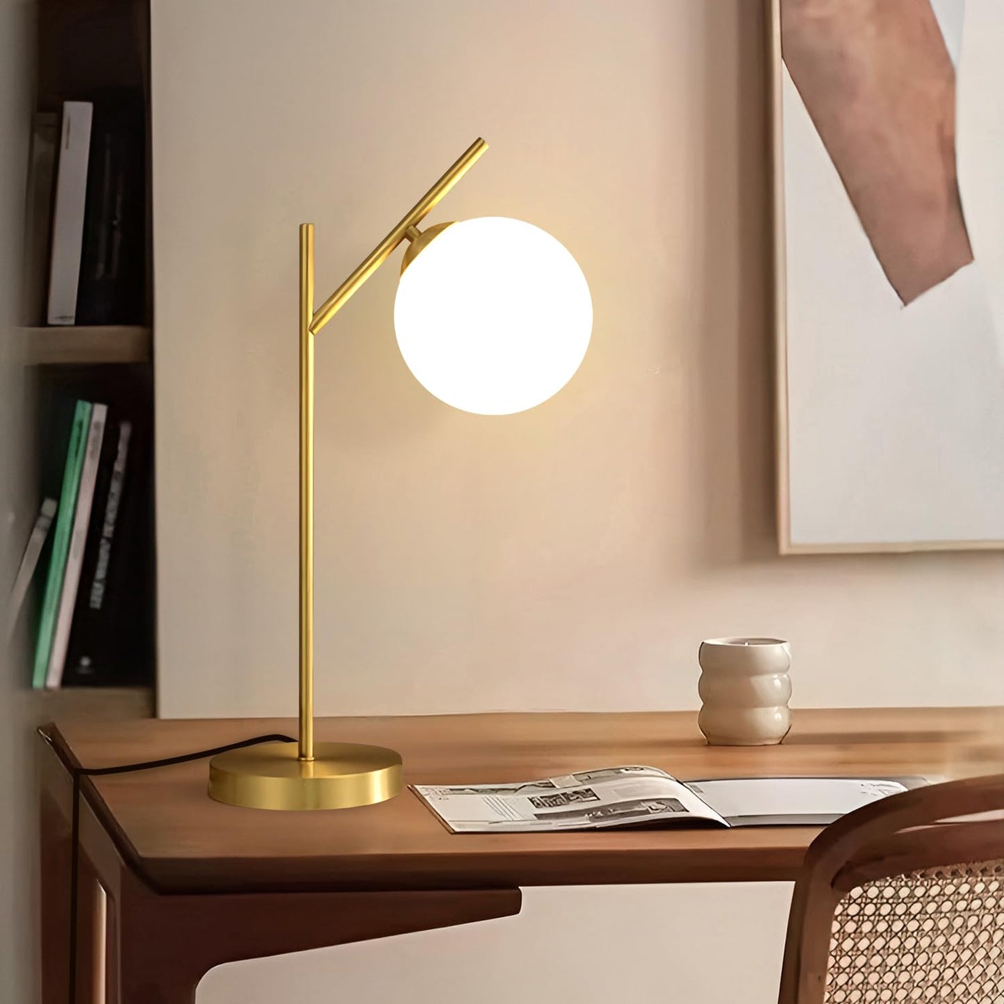 Fulesi Mid Century Modern Table Lamp, 1 Light Brass Glass Globe Bedside Lamp, Contemporary Metal Table Lamp with Milky White Glass shadefor Bedroom Living Room Study Room