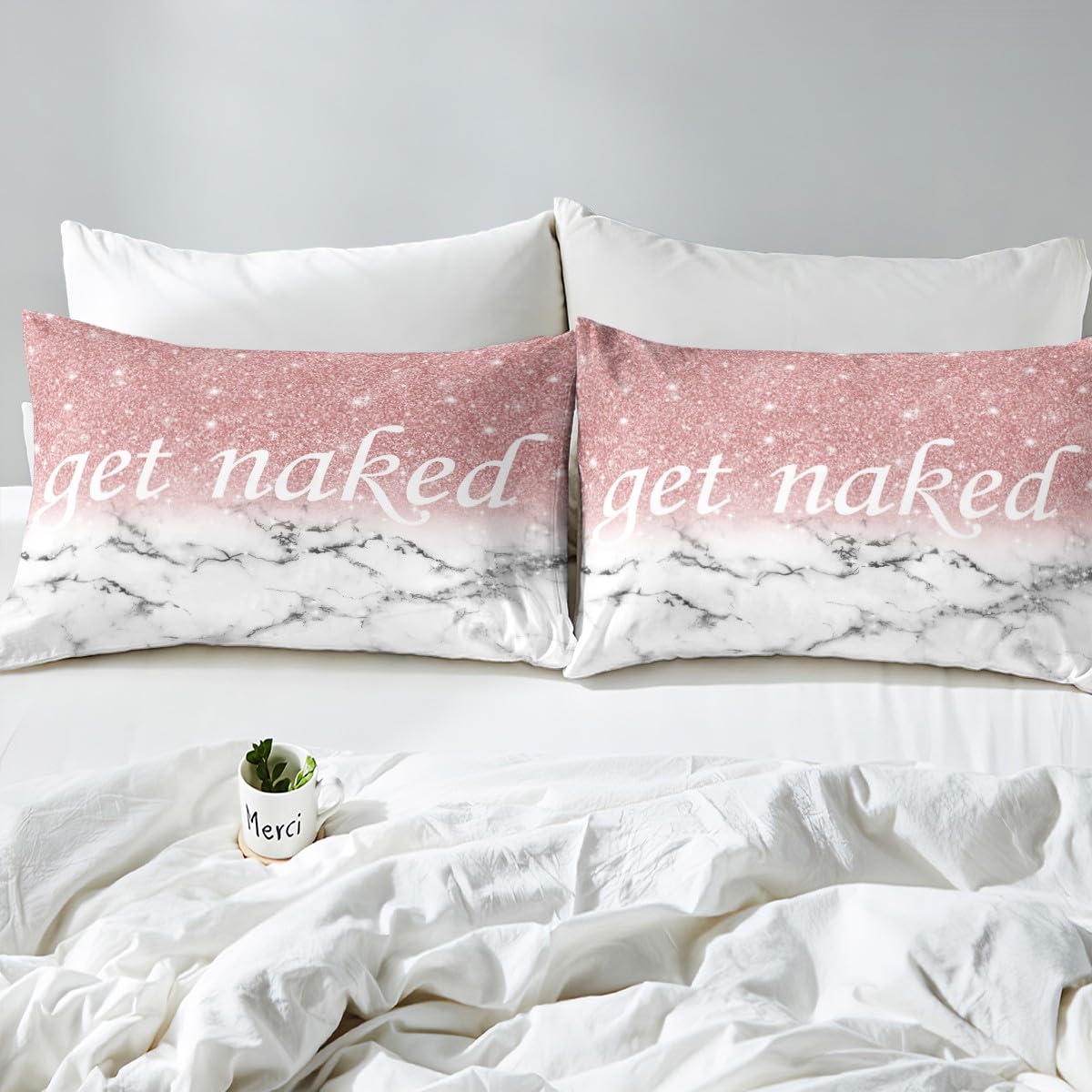 Get Naked Bedding Set King Size Marble Ombre Kids Comforter Cover Set for Boys Girls Women Girly Pink Gradient Glitter Duvet Cover Funny Quotes Bed Set Pink Grey White Room Decor (No Comforter)