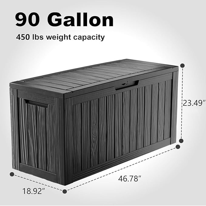 90 Gallon Waterproof Resin Deck Box, UV Resistant Outdoor Storage for Garden, Patio, Porch, Delivery（Black，90 Gallon）