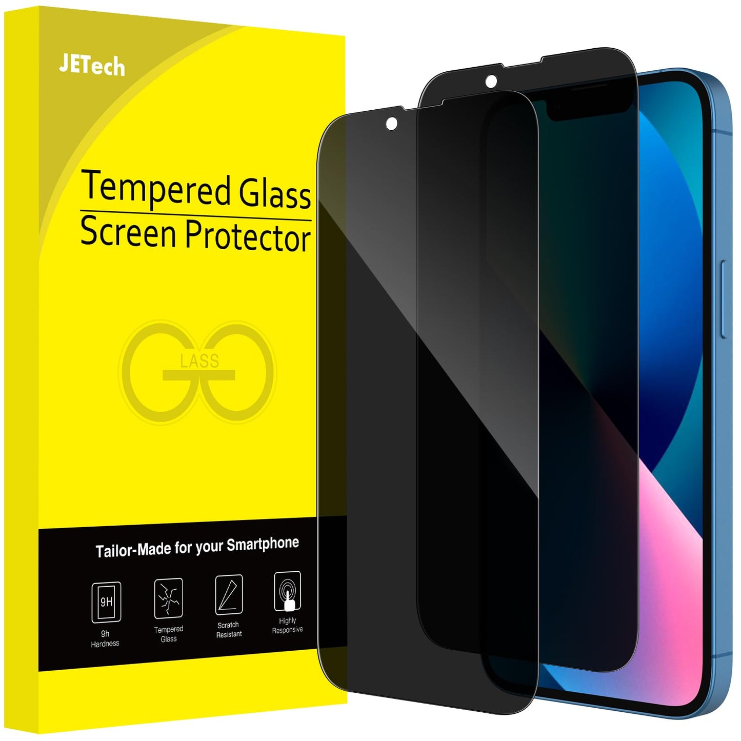 JETech Privacy Full Coverage Screen Protector for iPhone 16e 2025, iPhone 13/13 Pro 6.1-Inch, Anti-Spy Tempered Glass Film, Edge to Edge Protection Case-Friendly, 2-Pack