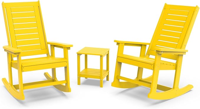 GREENVINES Outdoor Rocking Chair Set | 3-Piece | 2 Rocking Chairs with 1 Side Table | Porch Rocker | HDPE Plastic | Yellow | Patio Furniture Sets | High Back | Big & Tall | Ladder Back