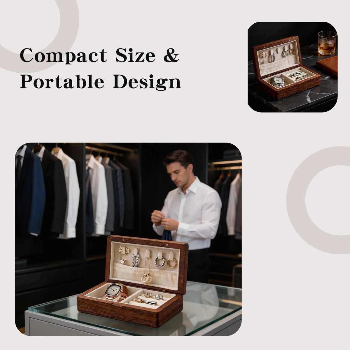 Cxomnndiw Small Wooden Jewelry Box | Versatile Mens Jewelry Box with Earring & Ring Organizer for Travel & Vanity Display