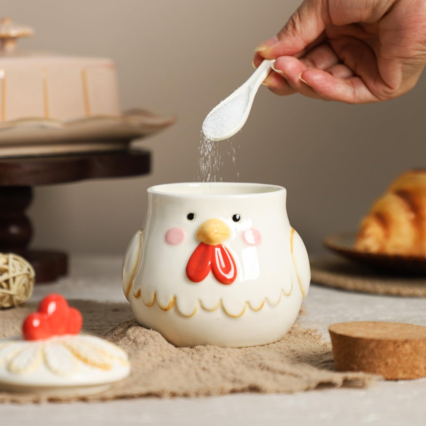 CHOOLD Retro Cartoon Rooster Ceramic Condiment Pot with Lid and Spoon, Salt Bowl Sugar Bowl