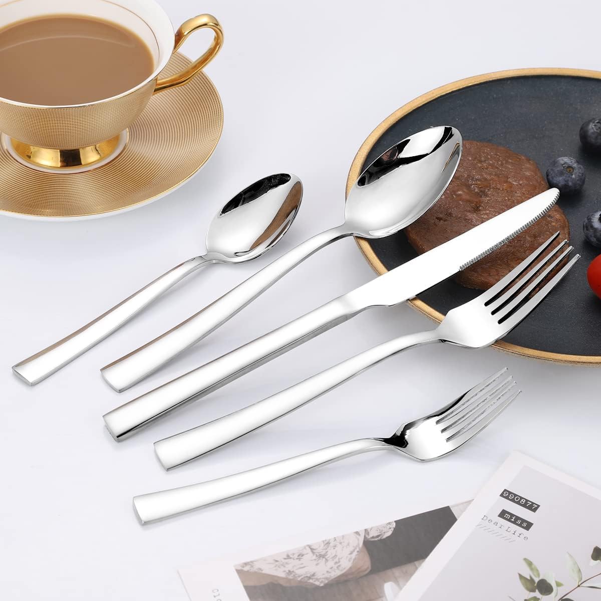 Silverware Set for 8, CXJY 40-Piece Stainless Steel Flatware Cutlery Set, Square Edge Kitchen Utensil Include Knives/Forks/Spoons, Tableware for Home/Hotel, Mirror Polished Dishwasher Safe