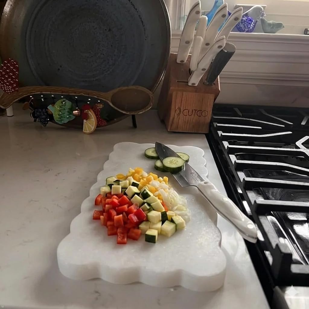 Natural Multi-Purpose Marble Charcuterie & Cutting Board with Scalloped Edge Chopping Board Decorative Vanity Bathroom Kitchen Tray Non-Slip Bumper Scratch Proof Home Decor Perfume Display 12"x6"
