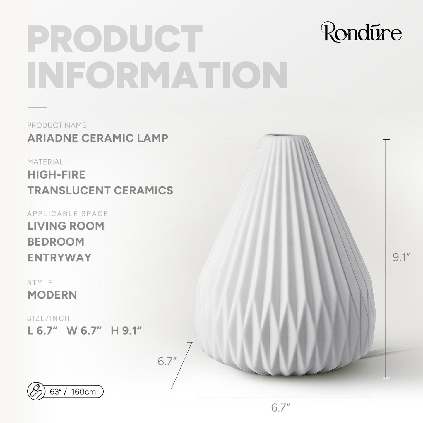 RONDURE 9.1" Modern Ceramic Table Lamp, Fully Dimmable Bedside Lamp for Bedroom Living Room Nightstand, White Translucent Ceramic Shade, Warm Ambient Decorative Corded Lighting, Bulb Included