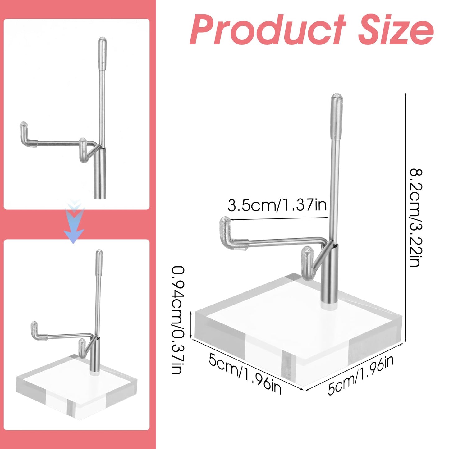 MBAIYO 16Pcs Adjustable Metal Arm Display Stand with Acrylic Base Display,Easel Holder for Rock Mineral Agate Fossil Coral Crystal Geodes Picture Decorative(Silver,1.96x1.96x3.22In)