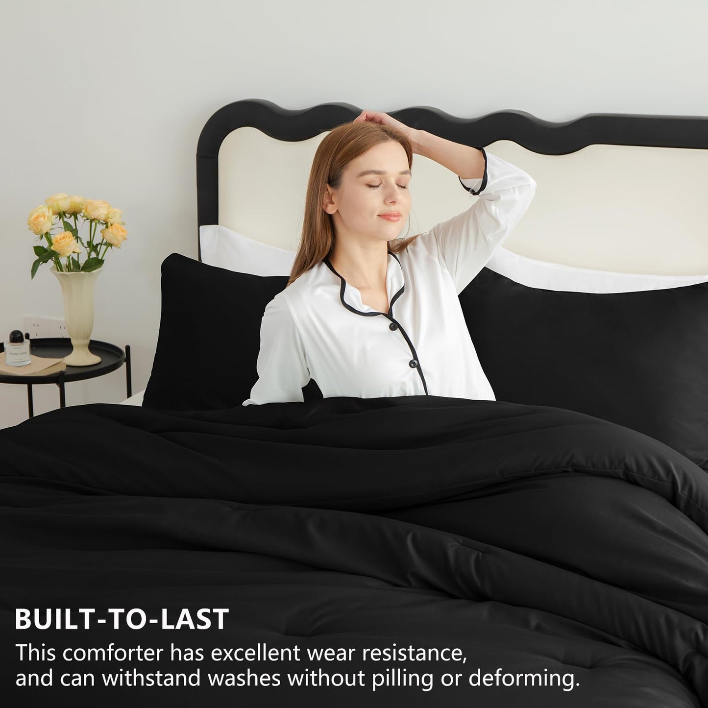 CozyLux Queen Comforter Set Black, 3 Pieces Lightweight Comforters Queen Size Quilted Bedding Sets, All Season Breathable Solid Down Alternative Comforter with 2 Pillowcases, Bed Set Gift for Home