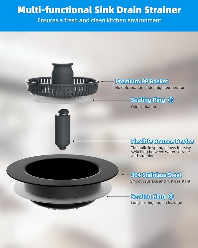 Hibbent Upgraded 3 in 1 Kitchen Sink Drain Strainer and Stopper Combo,