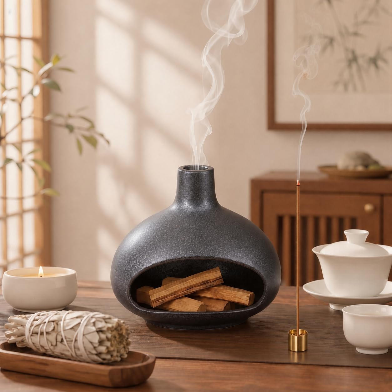TimberAura Palo Santo Holder, Mini Ceramic Chiminea Incense Burner for Sage, Cones and Sticks, Small Zen Decor Tabletop Ash Catcher for Yoga and Meditation Room (Black)