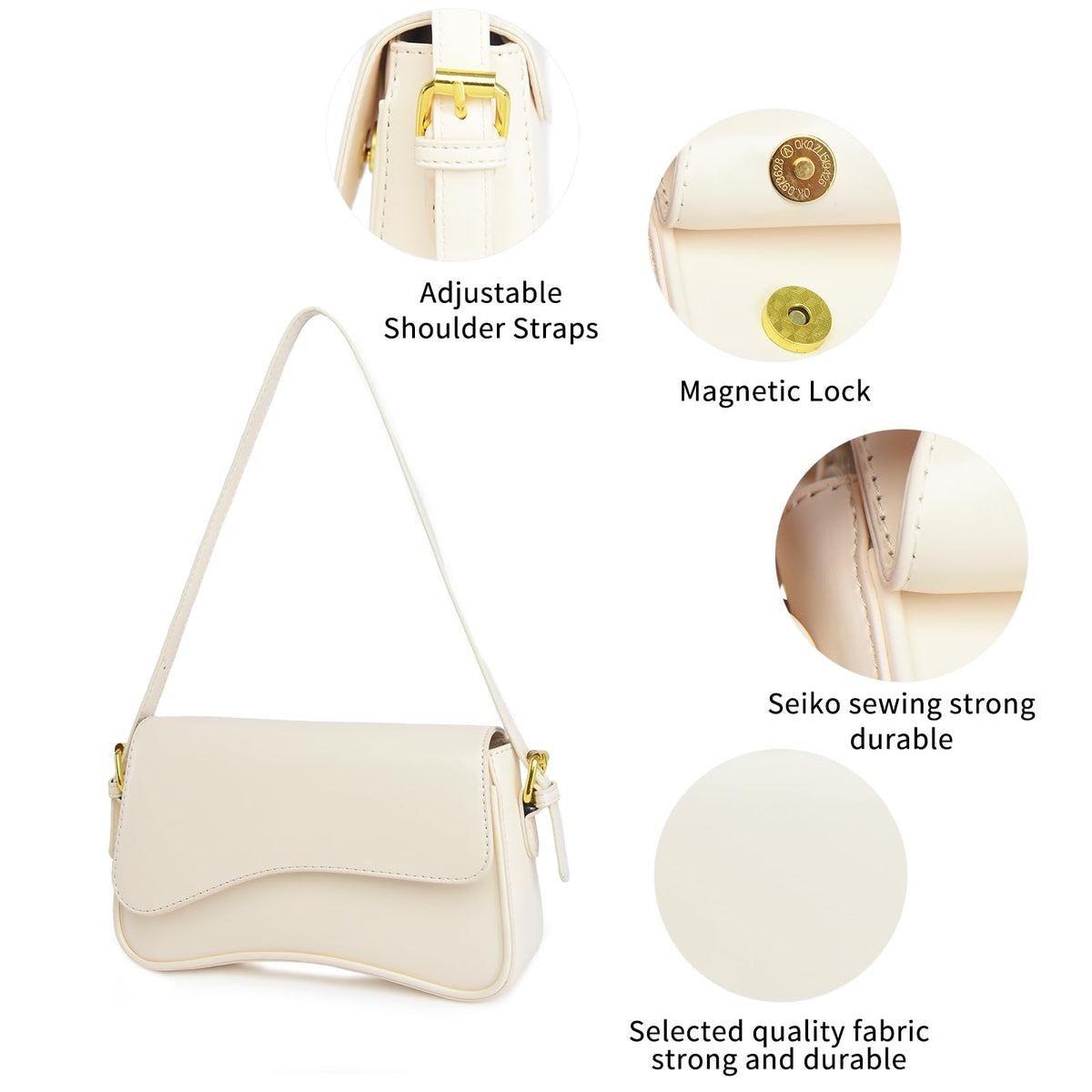 Shoulder Bag for women Clutch Purse Handbag PU Leather Tote Bag with 2 Removable Straps and Zipper Closure Crossbody Bags (A-White)