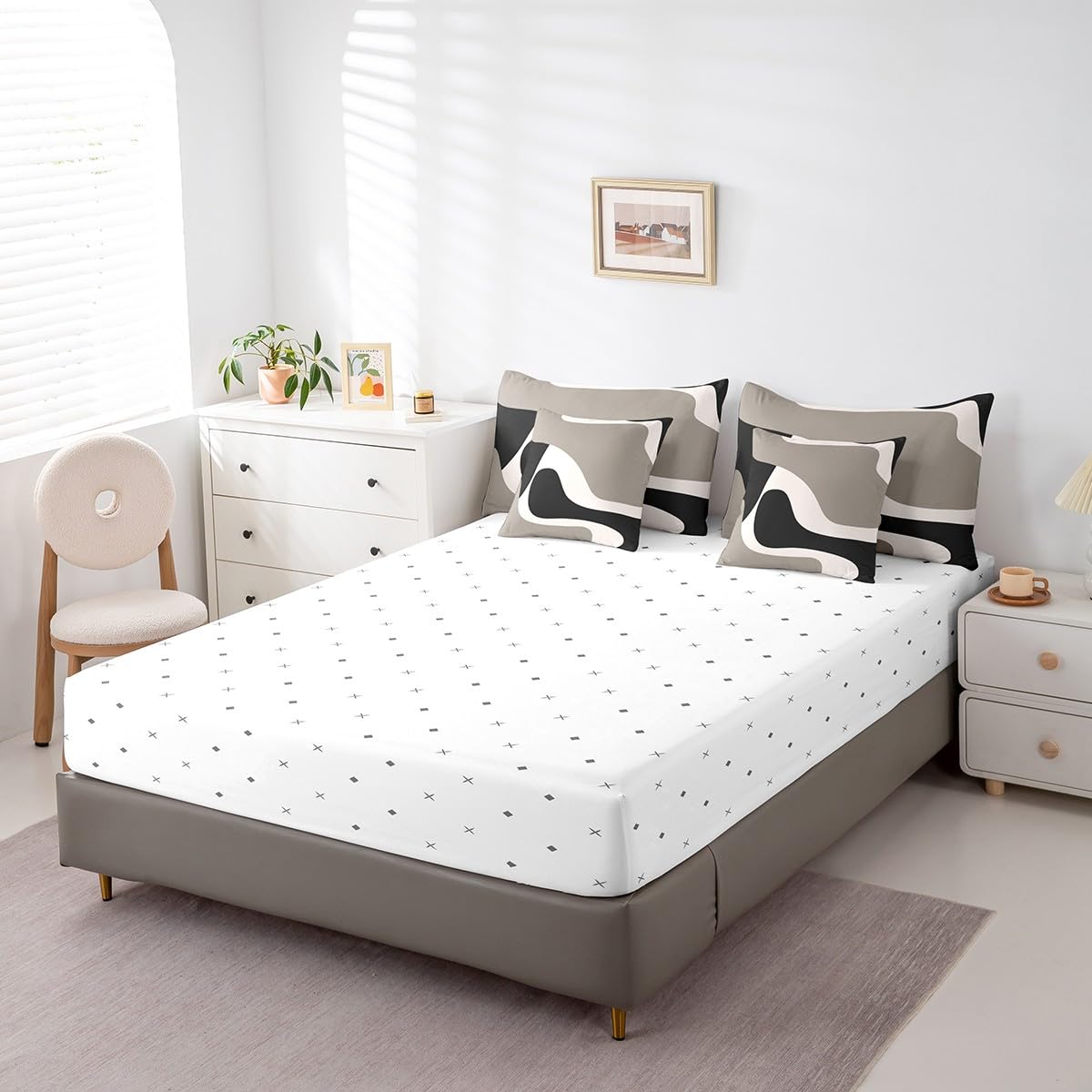 Erosebridal 7 Pcs Black Beige Striped Bed in A Bag King,Boho Modern Geometric Abstract Comforter Set for Women Men Adults, Stripes Bold Lines Bedding Set,Minimalist Stylish Art Bed Sheets