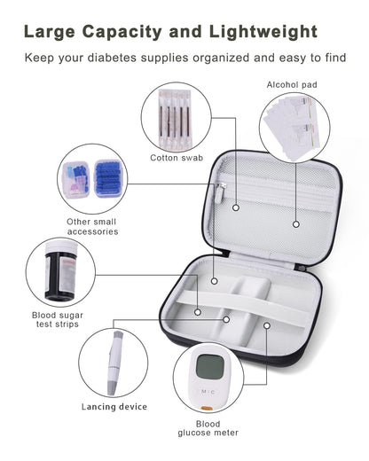 Krypthos Diabetic Supplies Travel Case, Carrying Case for Diabetes Blood Glucose Meter, Portable Diabetes Testing Kit Storage Organizer Bag for Blood Sugar Test Strips, Lancets, Lancing Device-Black
