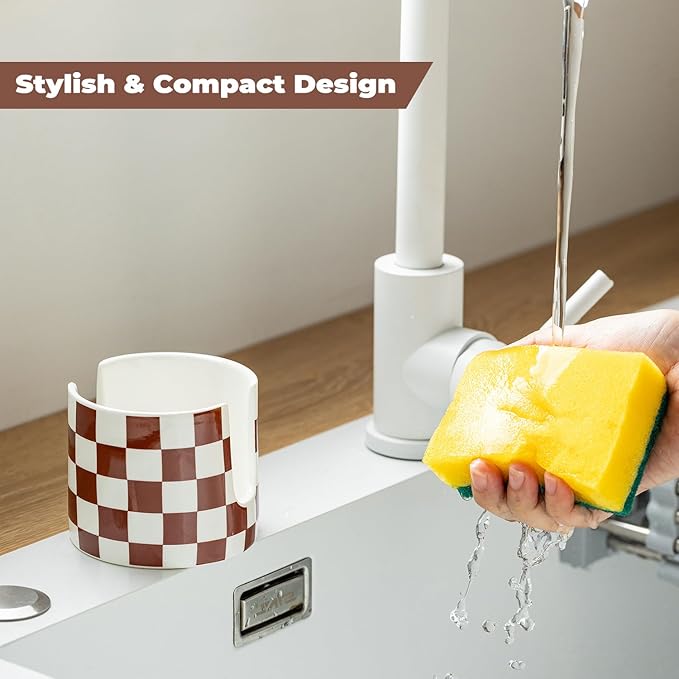 Checkered Sponge Holder for Kitchen Sink, Ceramic Dish Sponge Drying Caddy