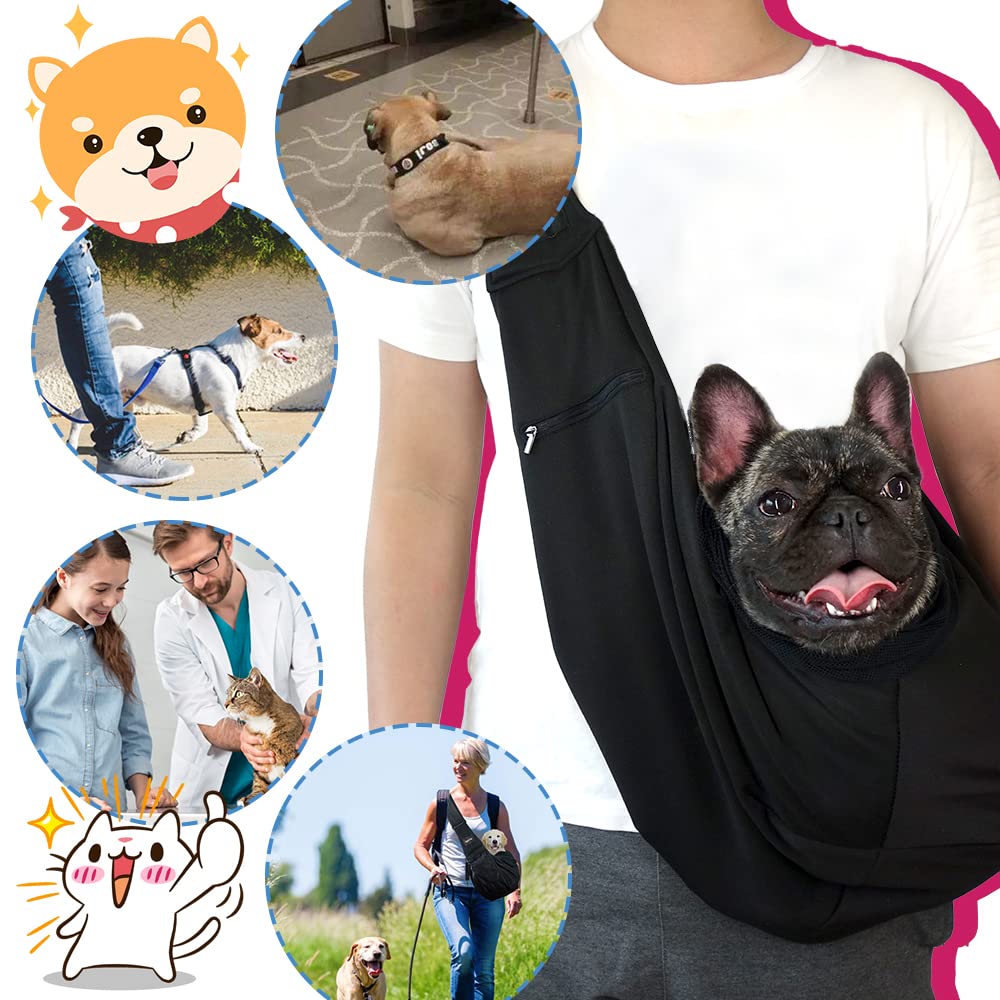 NATUYA Dog Sling Puppy Carrier Hand Free Doggie Adjustable Shoulder Strap Pet Walking Bag Cat Carrier with Zip Pocket Safety Belt Protective Mesh for Outdoor Subway Travel (Black)