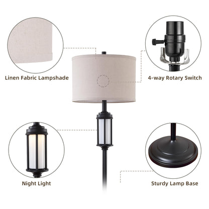 AIEAMPDO 65" Modern Floor Lamp for Living Room with 2 Light Sources, Industrial Black Tall Standing Lamps with Nightlight, Retro Floor Light for Bedroom Office Reading Room, Bulbs Included