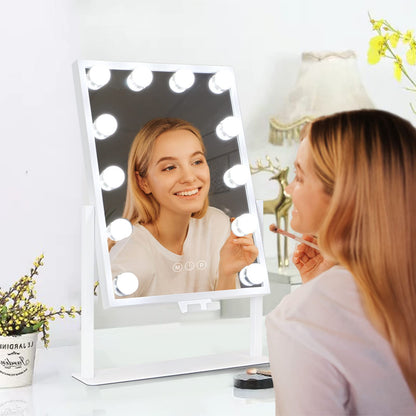 Lighted Makeup Mirror Hollywood Mirror Vanity Mirror with Lights, Touch Control Design 3 Colors Dimable LED Bulbs, Detachable 10X Magnification, 360°Rotation, (White) 12" L x 14" W