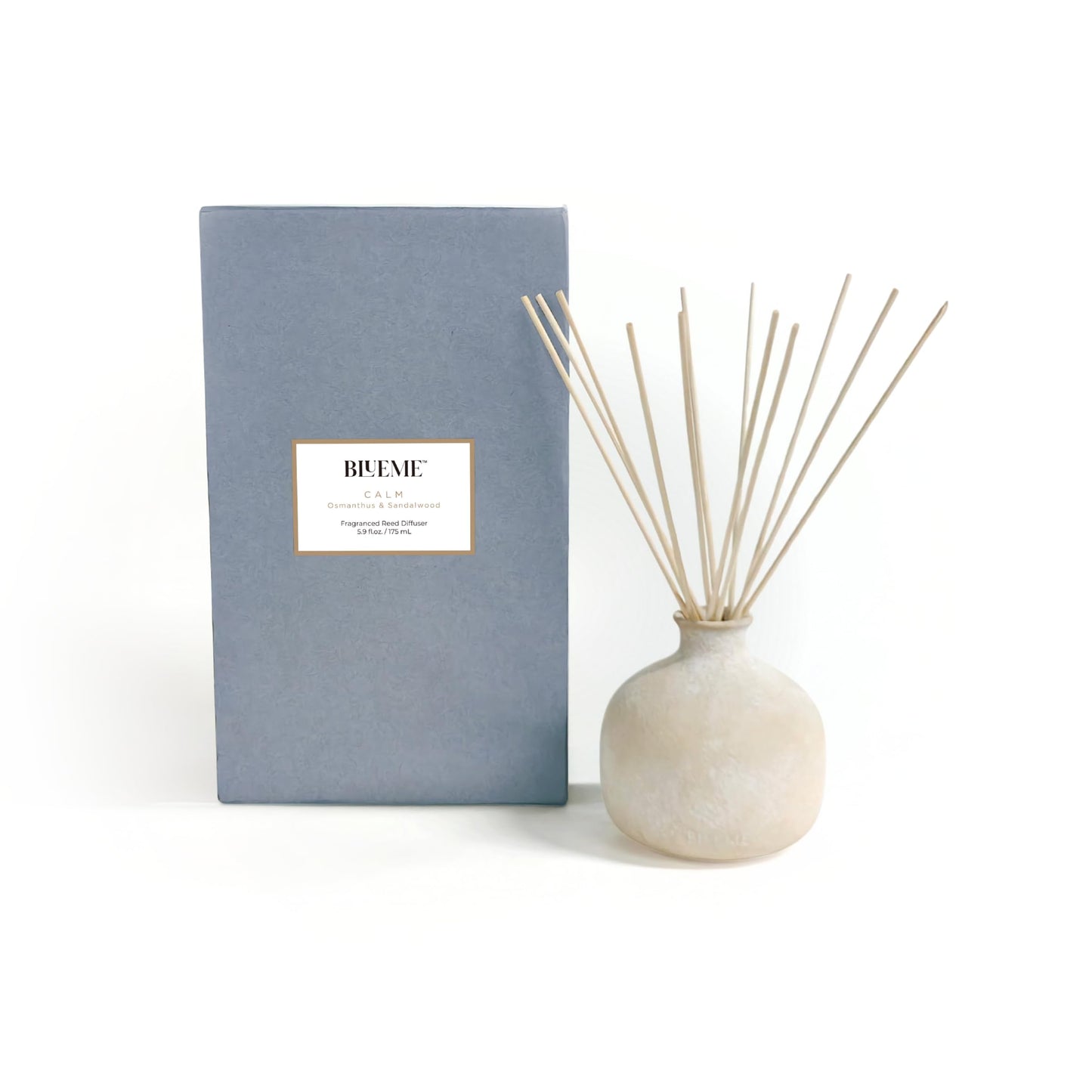 Blueme Calm Diffuser | Osmanthus & Sandalwood | 5.92 Fl Oz - Refillable Wellness Diffuser, Contains Essential Oil, Sustainable, Hand Finished, Premium, Luxury Ceramic, Natural Rattan Reeds, | Small