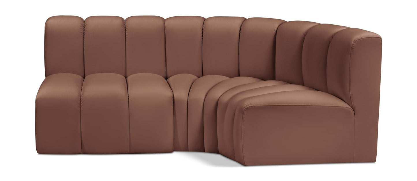 Meridian Furniture 101Cognac-S3A Arc Collection Modern | Contemporary Modular Sofa with Soft Cognac Vegan Leather, Deep Channel Tufting, Modular Design, 84" W x 39" D x 30" H, Cognac