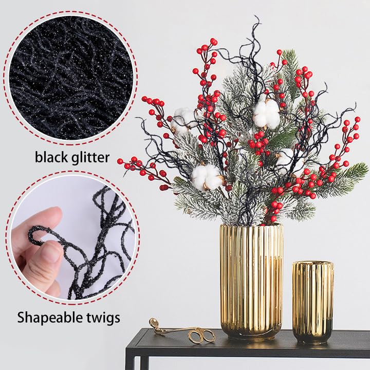 Watayo 50 Pcs Halloween Artificial Curly Willow Branches, Large 20" Fake Glitter Curly Twig Stems Ornaments, Faux Halloween Glitter Sticks Branches Picks for Wreath Vase Home Christmas Decor