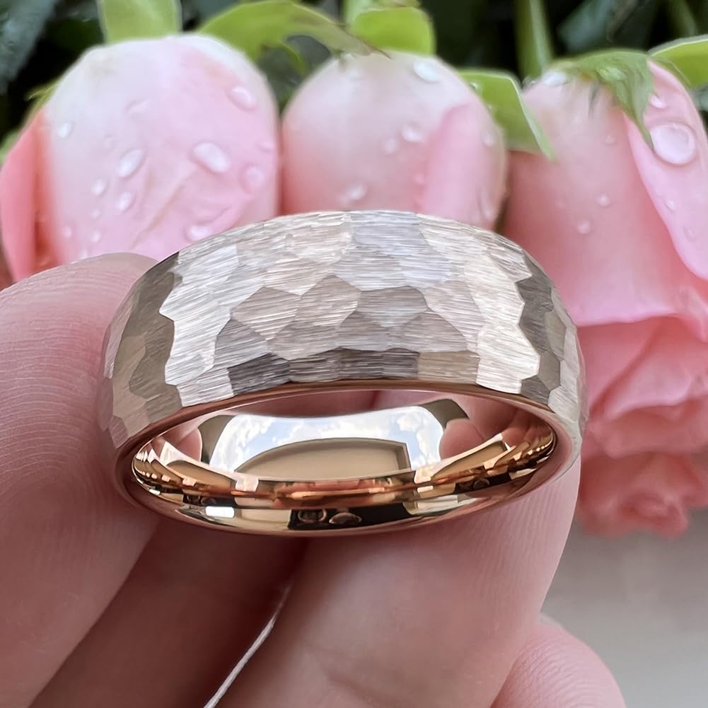 TUTISS 8mm Rose Gold Hammered Tungsten Rings for Men Women Engagement Wedding Bands Domed I Love You Engraved Comfort Fit Size 9
