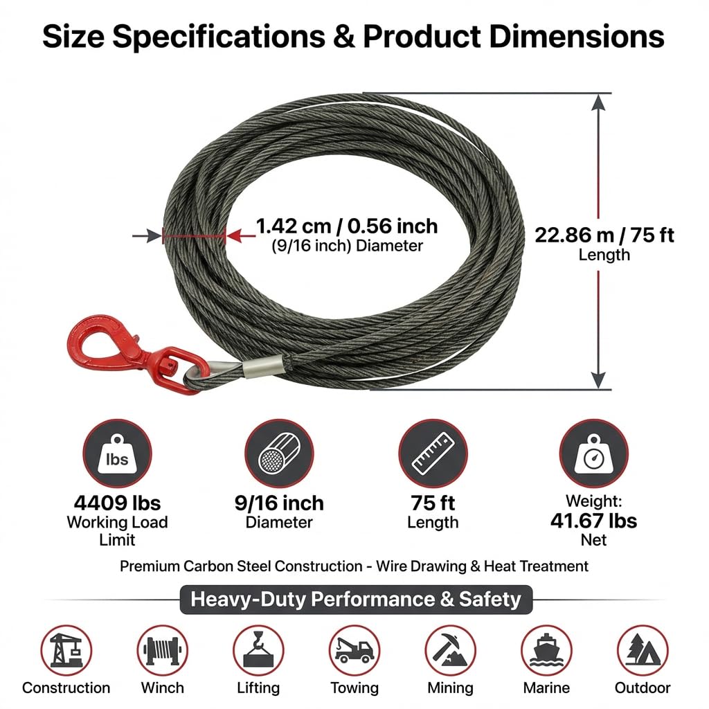 Carbon Steel Winch Cable,32000 lbs Breaking Strength, 9/16 Inch x 70 Feet Heavy Duty Towing Cable with 360° Swivel Self Locking Hook Universal Fit for Winch Operations, Lifting, Towing