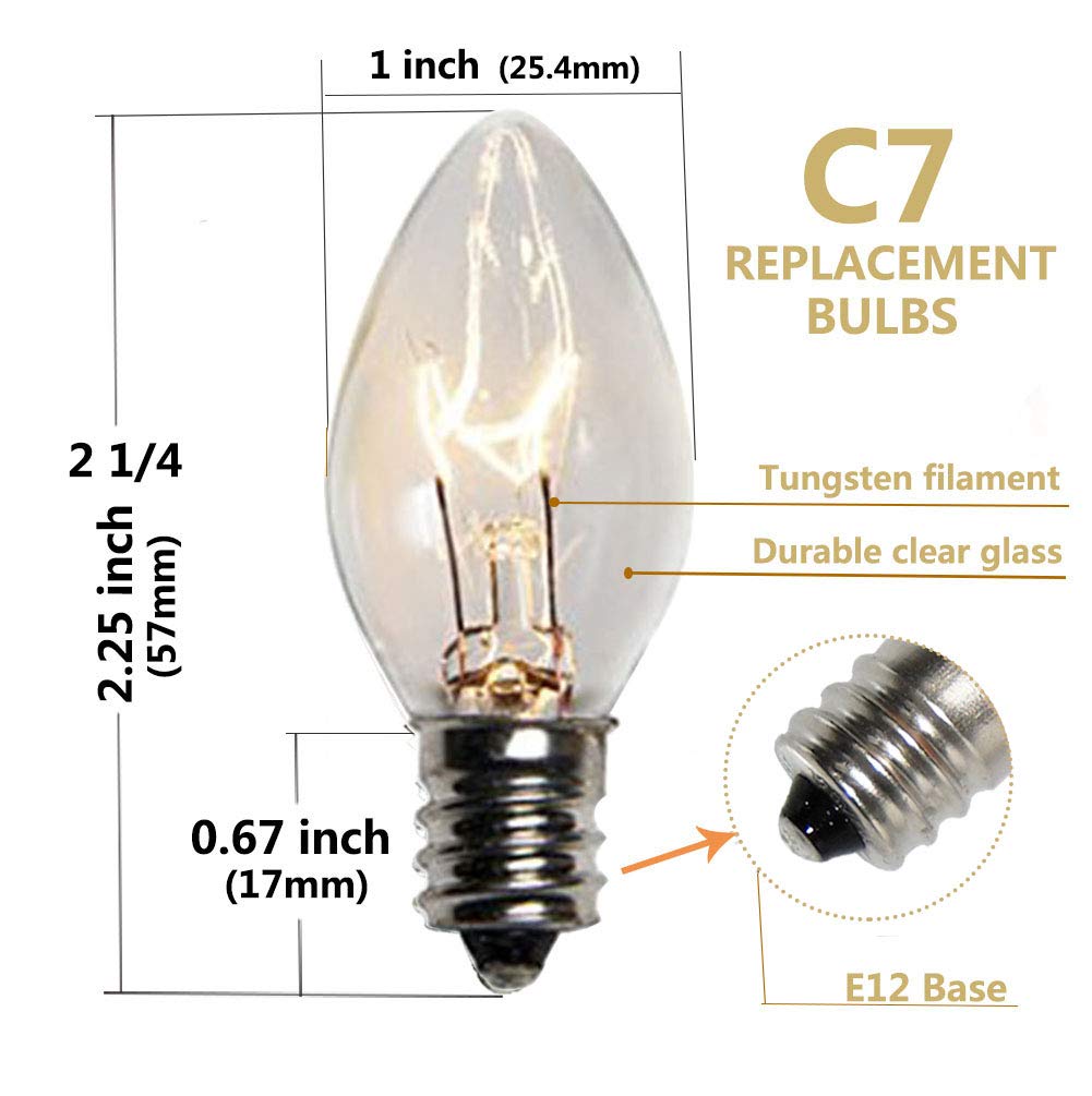 SUNSGNE 25 Pack Clear Replacement Bulbs Night Light Bulbs, C7 Clear Christmas Incandescent Light Bulbs for Night Light Salt Lamp Outdoor Patio String Light, E12/C7 Candelabra Base, 120 Volt, 5 Watt
