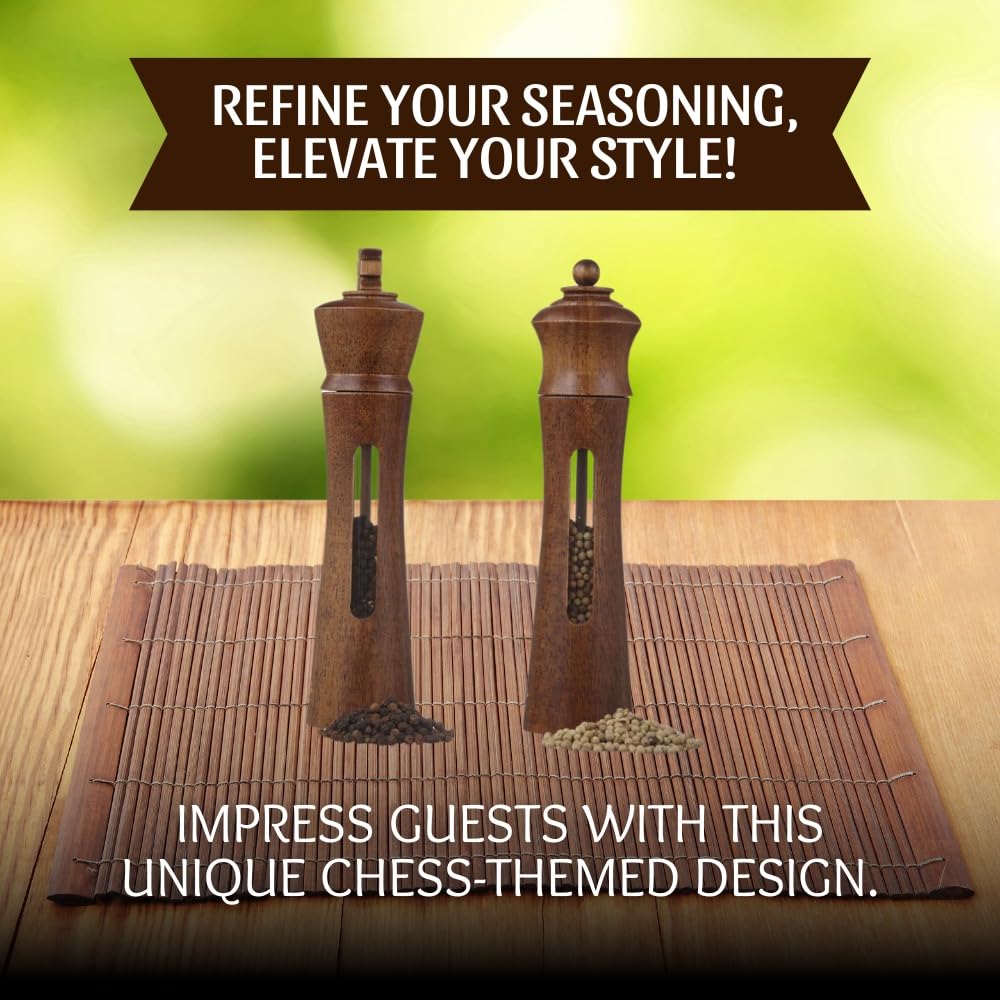 King & Queen Chess Piece Pepper Grinder, Set of 2 Salt and Pepper Grinder set Manual, Refillable Salt and Pepper Mills, Perfect Kitchen Decor, Essential Kitchen Gift for Chess Enthusiasts (9 Inch)