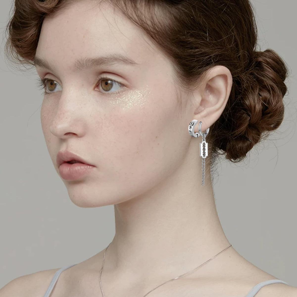 14 Pcs Silver Gothic Viking Non Pierced Cross Sword Spike Awl Peace Dangle Chain Clip on Hoop Earrings Set for Unisex Fake Piercing CZ Earrings